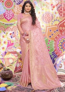 Pink Zari Woven Saree In Satin