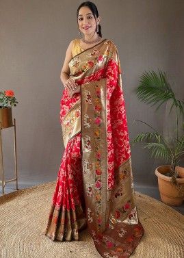 Red Zari Woven Saree In Art Silk