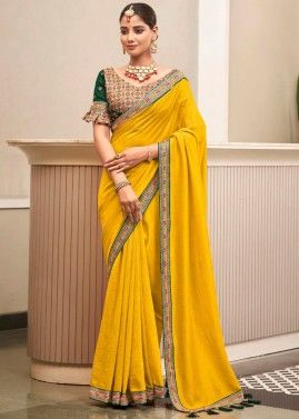 Yellow Embroidered Saree In Art Silk