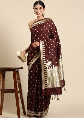 Brown Zari Woven Saree In Cotton