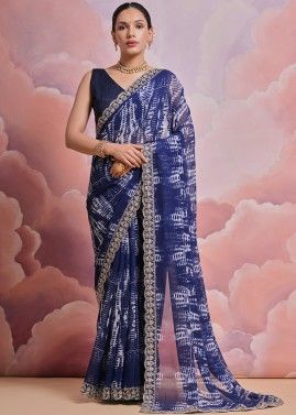 Blue Printed Saree In Georgette