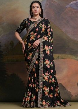 Black Floral Printed Chiffon Saree