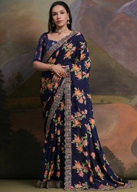 Blue Floral Printed Saree In Chiffon
