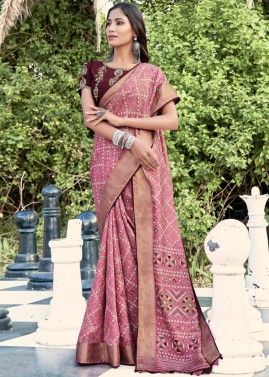 Pink Digital Printed Saree In Jacquard 