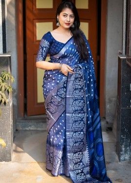 Blue Art Silk Saree In Bandhej Print