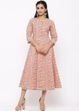 Peach Readymade Floral Printed Flared Dress