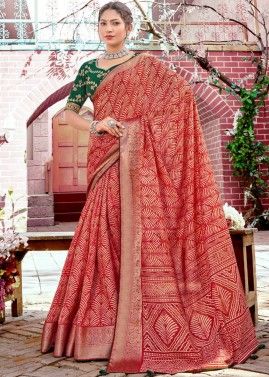 Red Printed Saree In Art Silk