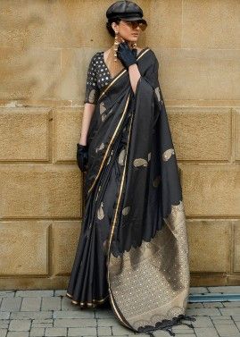 Black Zari Woven Saree In Satin Silk