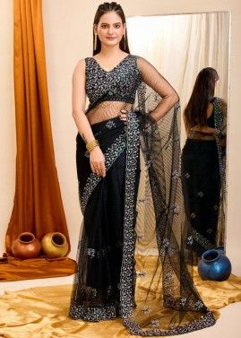 Black Embroidered Net Saree & Blouse