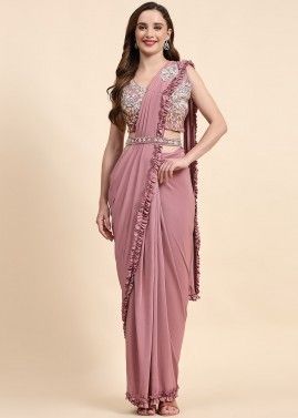 Pink Embroidered Saree In Lycra