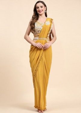 Yellow Embroidered Saree In Lycra