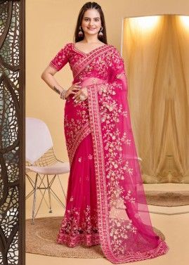Pink Embroidered Net Saree & Blouse