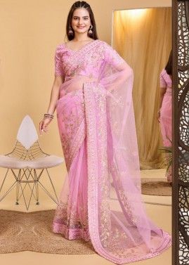Pink Net Saree In Zari Embroidery