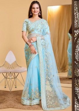 Blue Thread Embroidered Saree In Net
