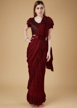 Maroon Lycra Saree With Embroidered Blouse