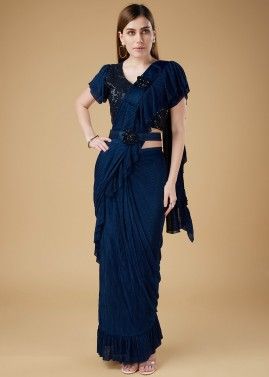 Blue Lycra Saree With Embroidered Blouse