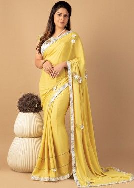 Yellow Printed Saree In Satin