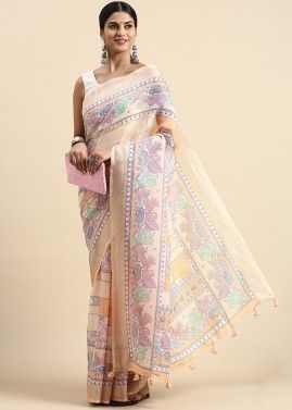 Peach Linen Saree In Printed Work