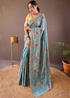 Blue Saree In Thread Embroidery