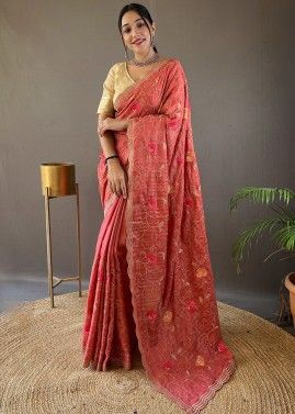 Coral Pink Embroidered Saree In Tussar Silk
