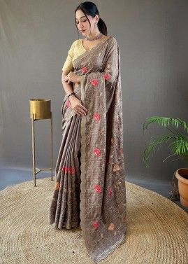 Grey Thread Embroidered Saree & Blouse