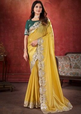 Yellow Embroidered Saree In Art Silk