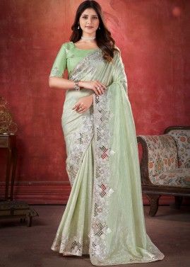 Pastel Green Embroidered Border Saree & Blouse
