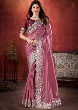 Rouge Pink Embroidered Saree With Blouse