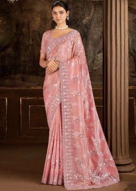 Blush Pink Embroidered Saree In Art Silk