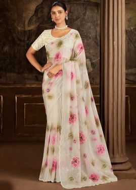 White Sequins Embellished Saree In Organza
