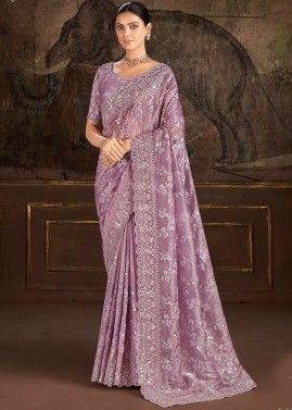 Purple Embroidered Saree In Satin Silk