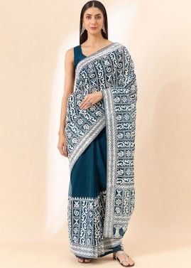 Teal Blue Embroidered Saree In Organza