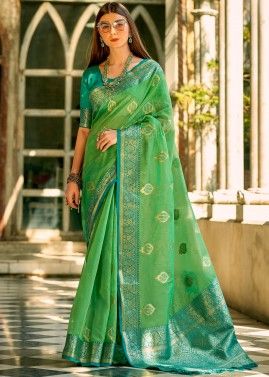 Green Woven Work Tissue Silk Saree