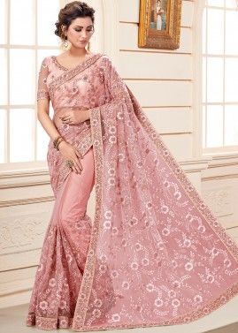 Pink Embroidered Saree In Chiffon