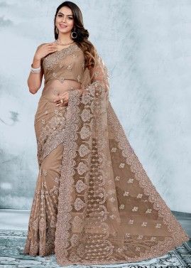 Brown Embroidered Saree In Net