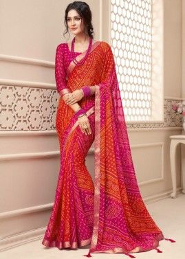 Orange & Pink Bandhej Printed Chiffon Saree