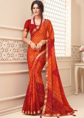 Red & Orange Bandhej Printed Saree In Chiffon
