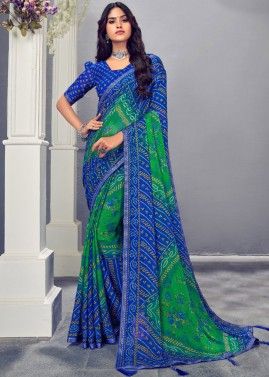 Blue & Green Bandhej Printed Saree In chiffon