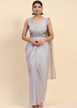 Grey Readymade Satin Saree With Embellished Shrug