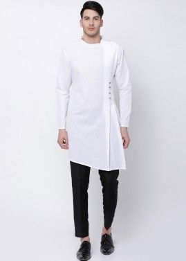 Readymade White Men Kurta Pajama In Angrakha Style