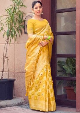 Yellow Zari Woven Saree In Linen