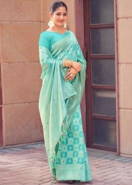 Turquoise Zari Woven Linen Saree