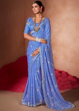 Blue Chiffon Saree In Digital Print
