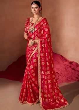 Red Printed Chiffon Saree &Blouse