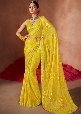 Yellow Digital Printed Saree In Chiffon