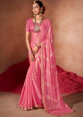 Pink Digital Printed Saree In chiffon