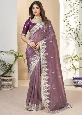 Mauve Purple Embroidered Saree In Silk