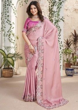 Pink Silk Saree With Embroidered Border