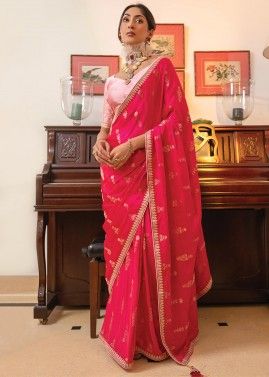 Hot Pink Woven Saree In Satin