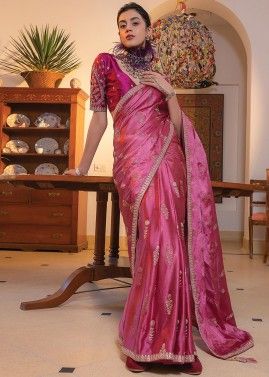 Pink Woven Saree In Satin Silk